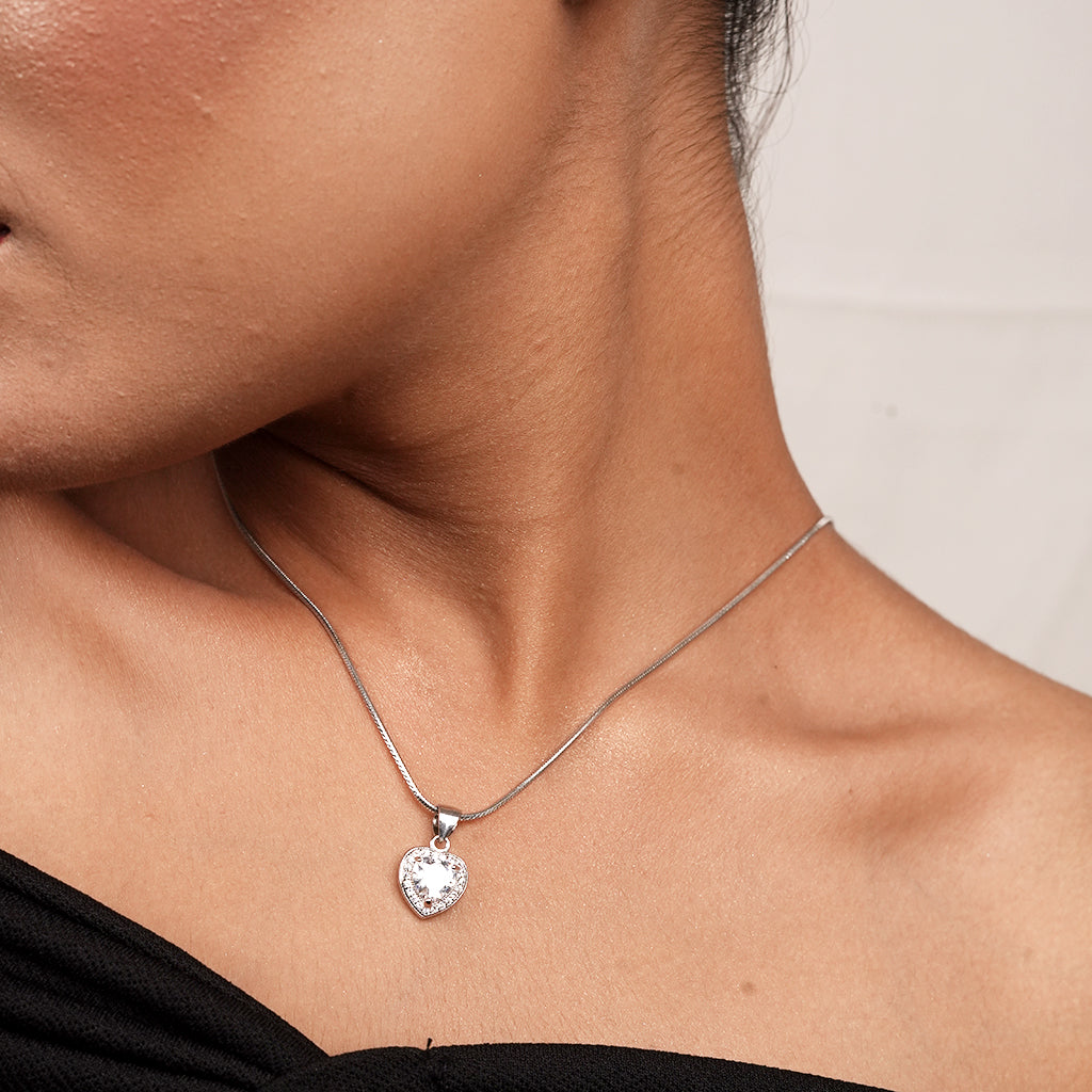 Silver Heart Halo CZ Necklace & Earring Set
