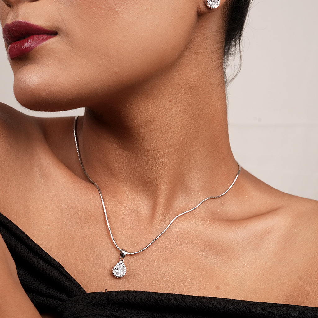 Silver Pear Halo CZ Necklace & Earring Set