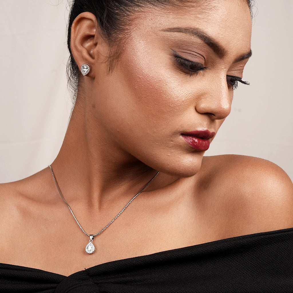 Silver Pear Halo CZ Necklace & Earring Set