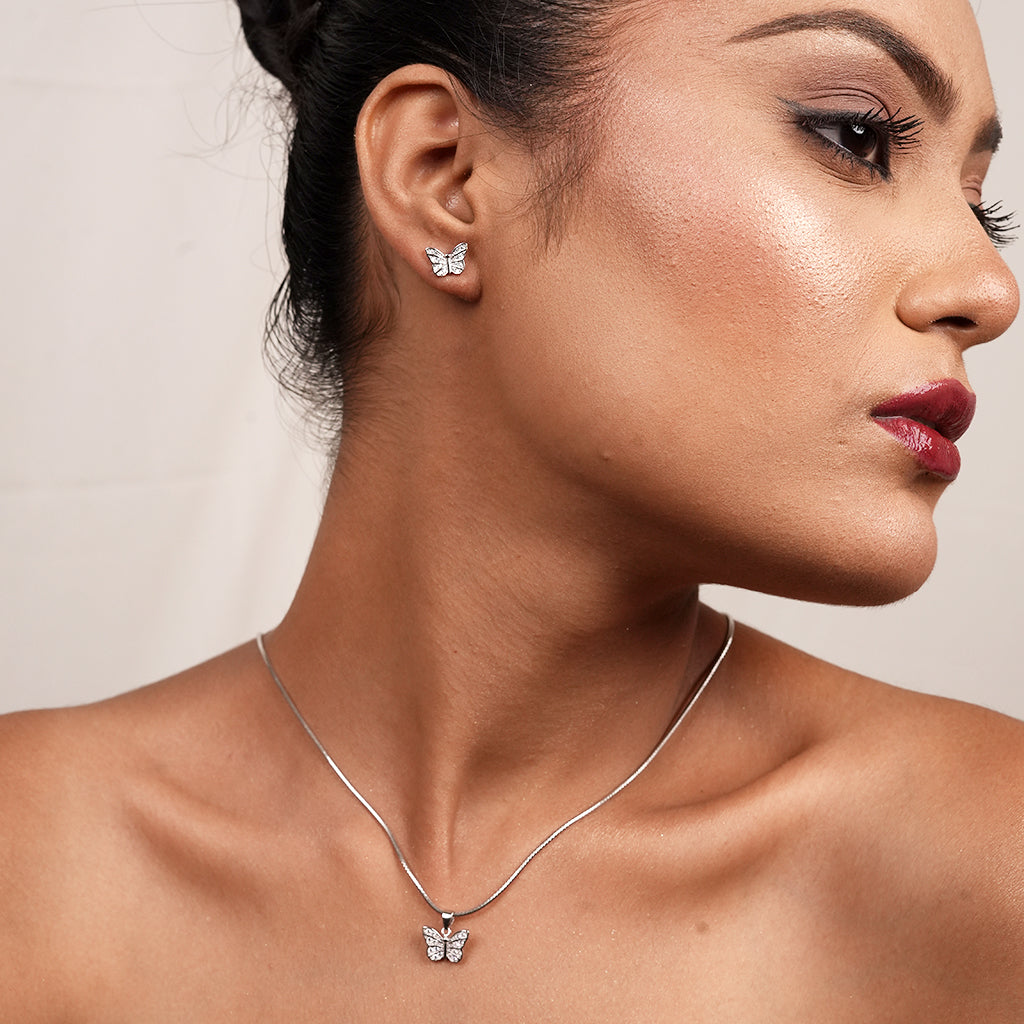 Silver Pavé Butterfly Necklace & Earring Set