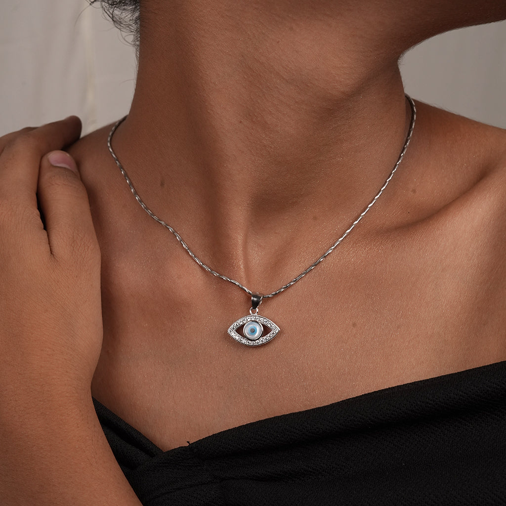 Silver Halo Evil Eye Pendant Necklace