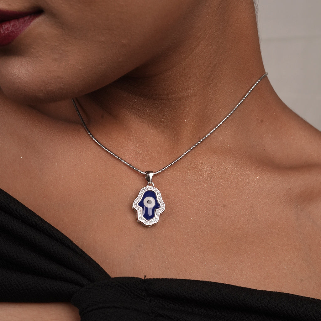 Silver Blue Hamsa Hand Pendant Necklace