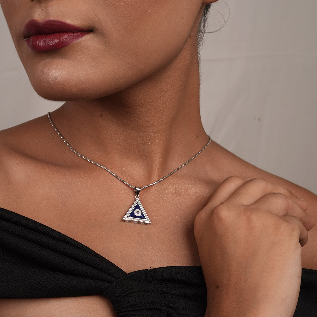 Silver Blue Evil Eye Triangle Pendant Necklace
