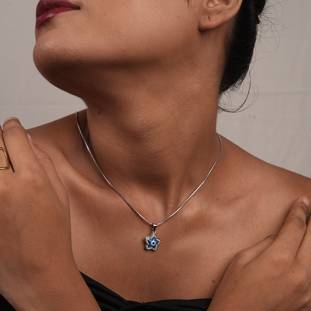 Silver Blue Evil Eye Star Pendant Necklace