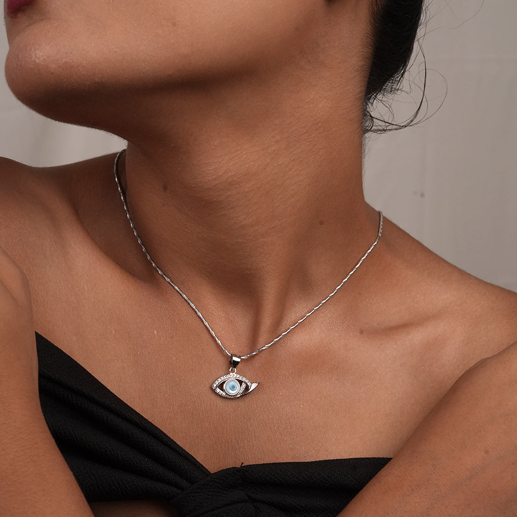 Silver Pave Evil Eye Pendant Necklace