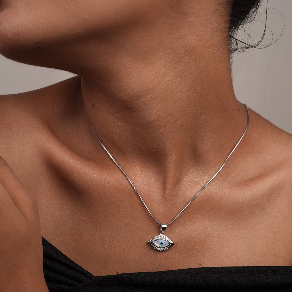 Silver Marquise Evil Eye Pendant Necklace