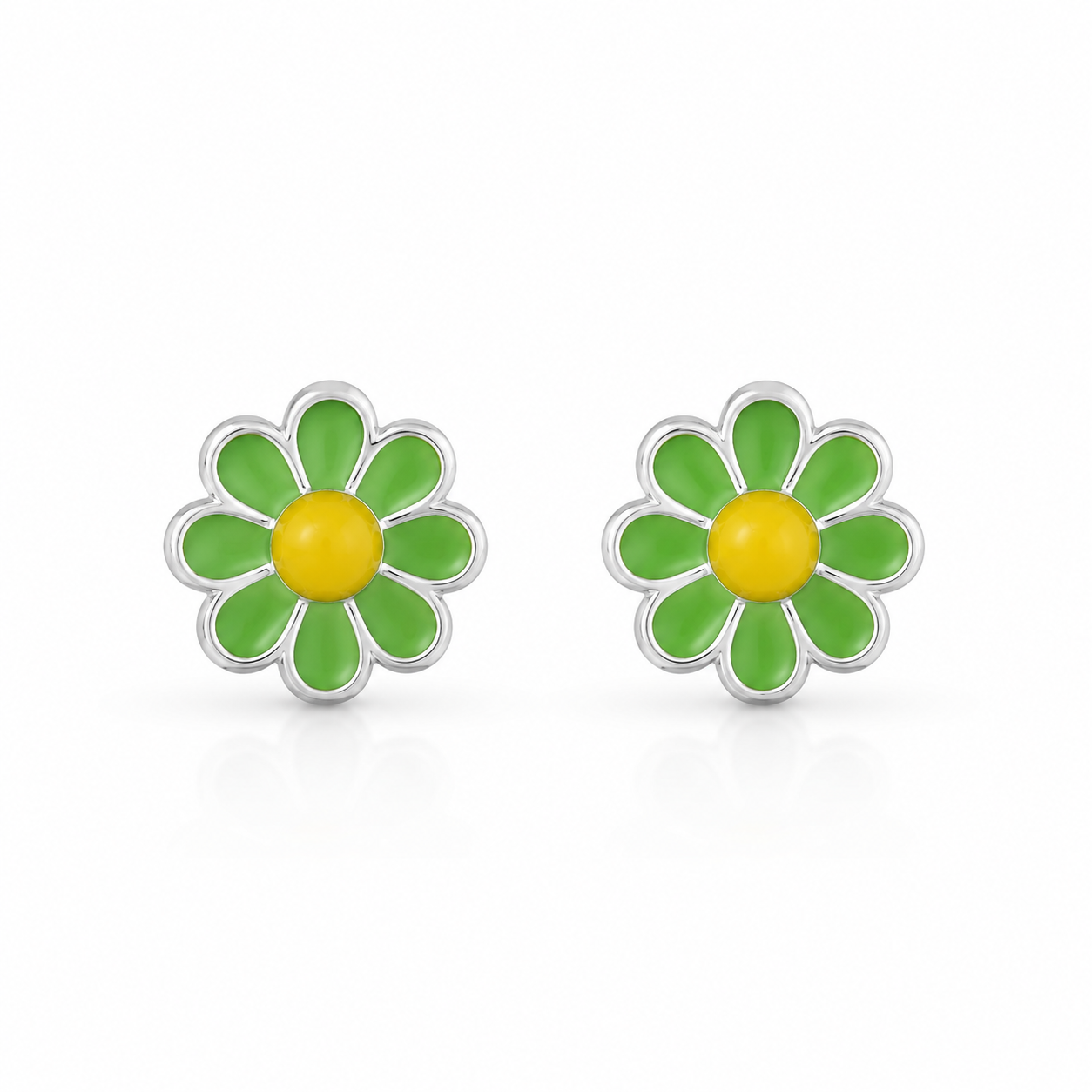 Dainty Green Floral Enamel Silver Stud Earrings