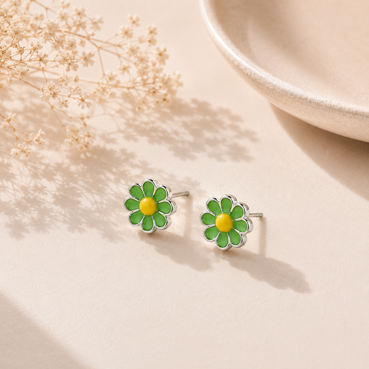 Dainty Green Floral Enamel Silver Stud Earrings