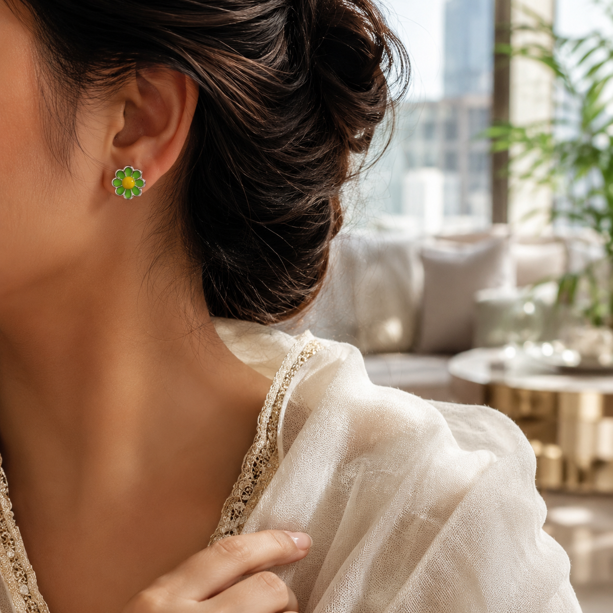 Dainty Green Floral Enamel Silver Stud Earrings