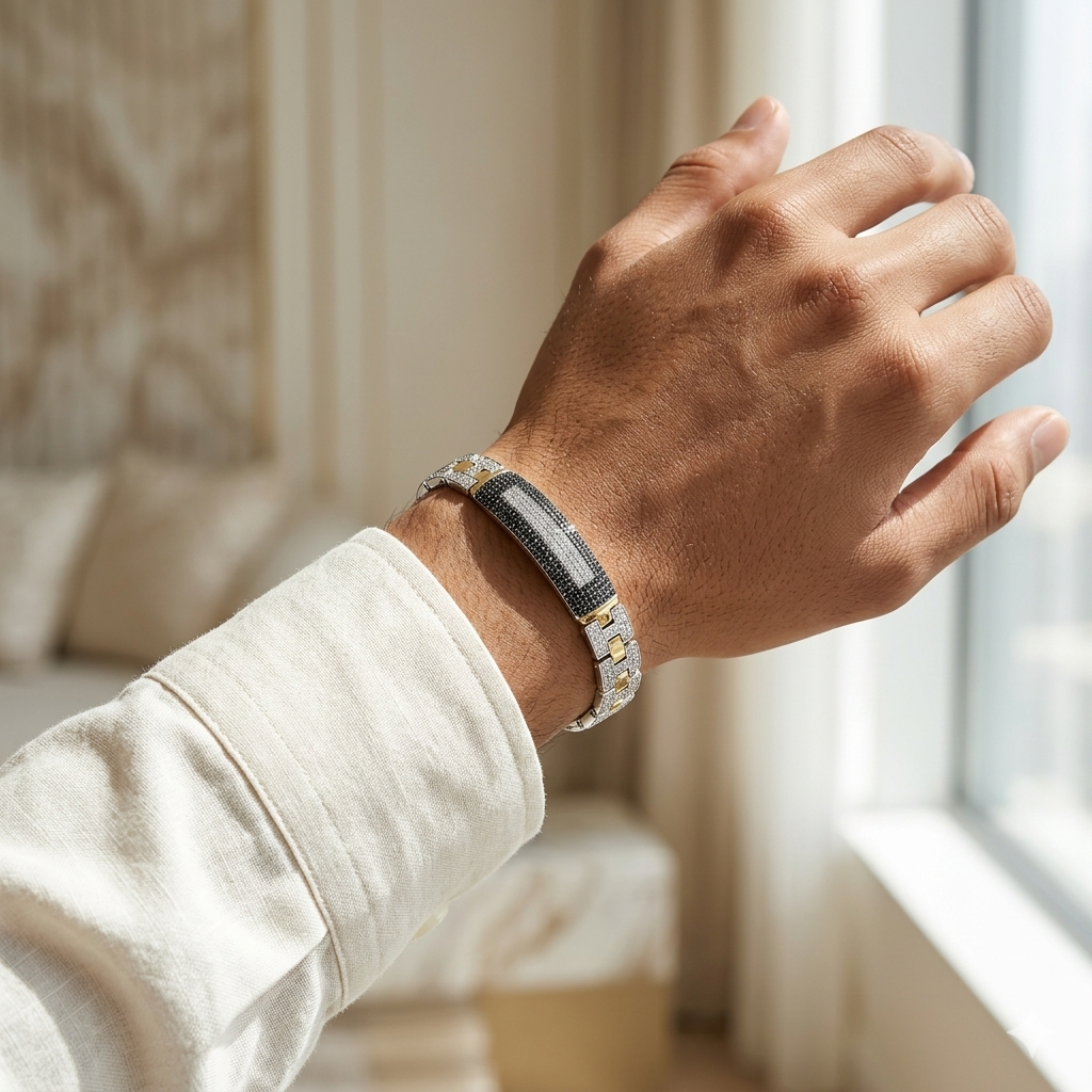 Dual-Tone Textured H-Link Bracelet with Black Center Plate