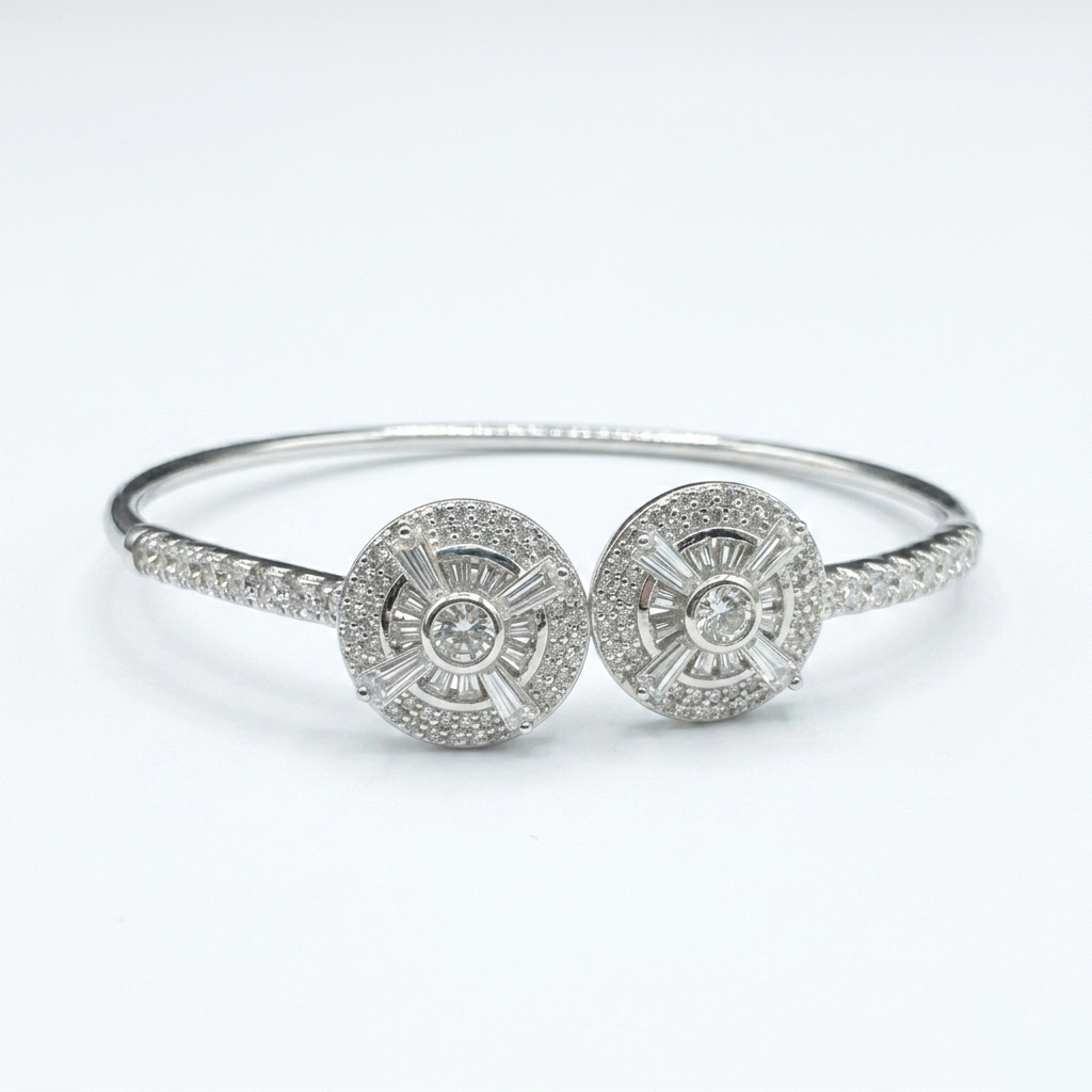 Detailed studio shot of the Dual Circle Silver Open Kada for Women showing baguette and round stones