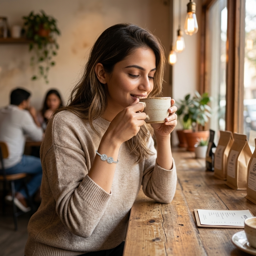 Woman in a cozy cafe enjoying coffee, showcasing the Dual Circle Silver Open Kada on her wrist