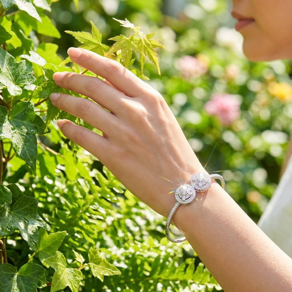 Woman outdoors wearing the Dual Circle Silver Open Kada touching green leaves in sunlight