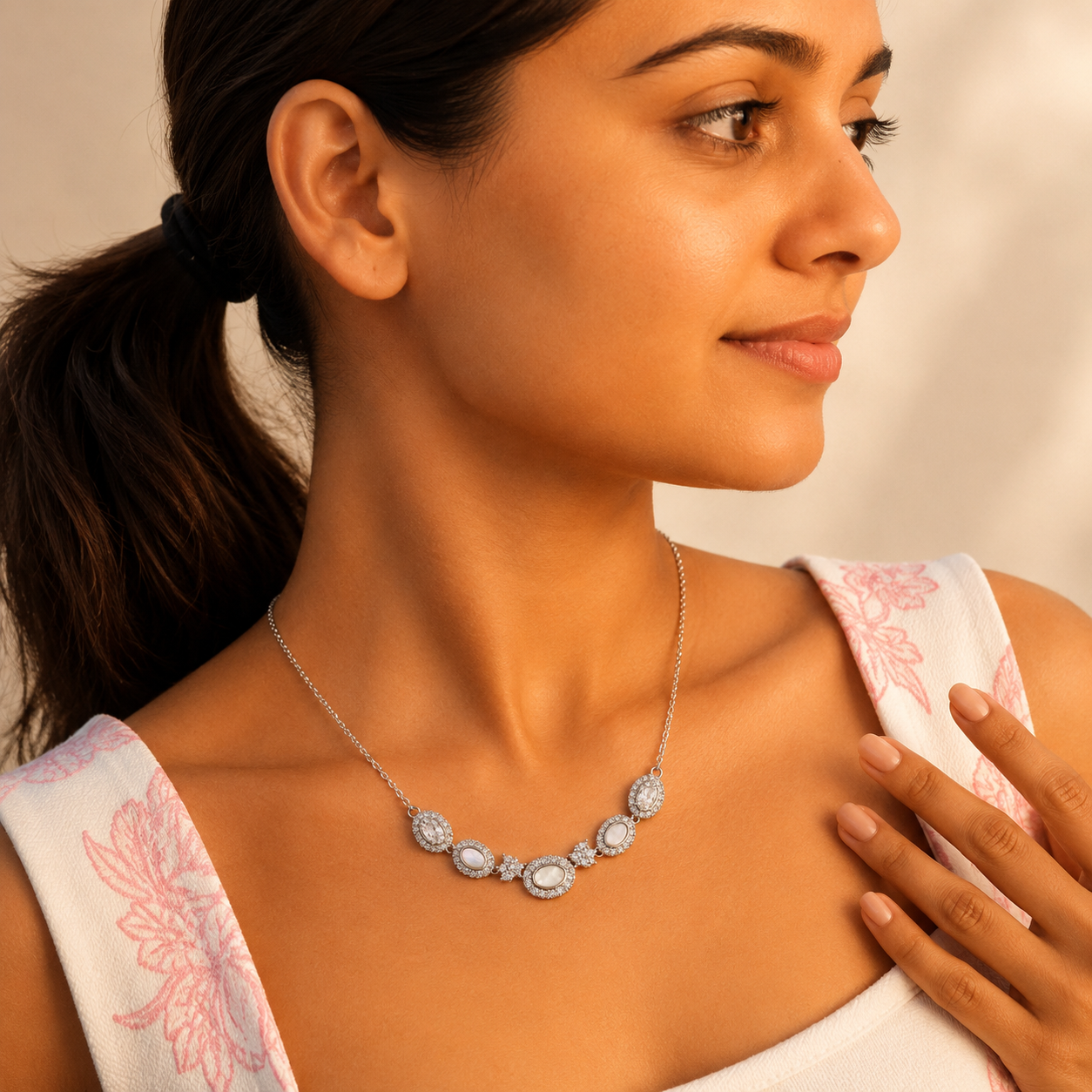 Elegant Five-Stone Crystal Cluster Sterling Silver Necklace