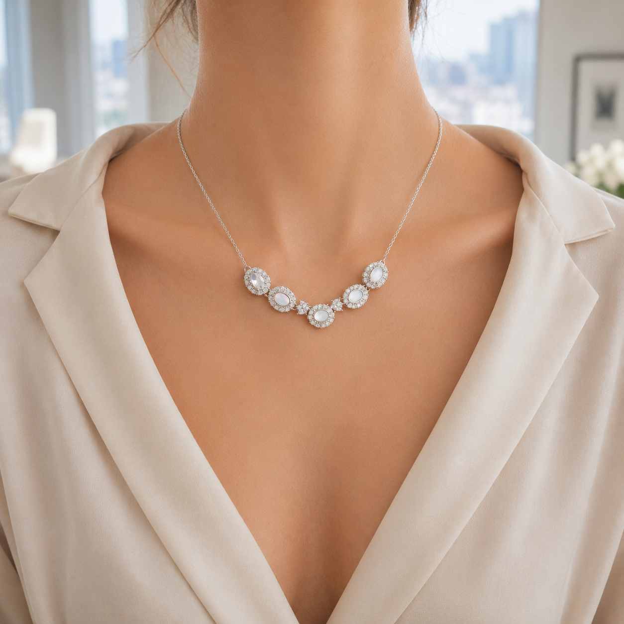 Straight-on shot highlighting the symmetrical five oval stones on the silver smile