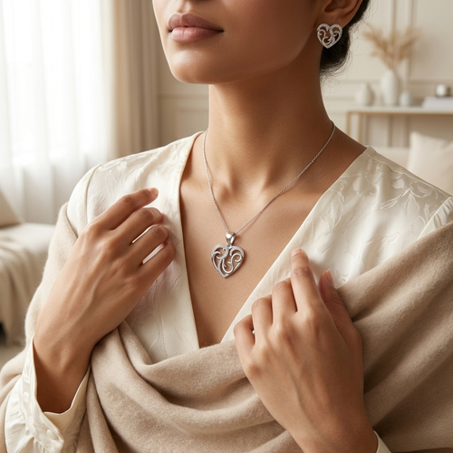 Elegant Silver Filigree Heart Pendant & Earring Set