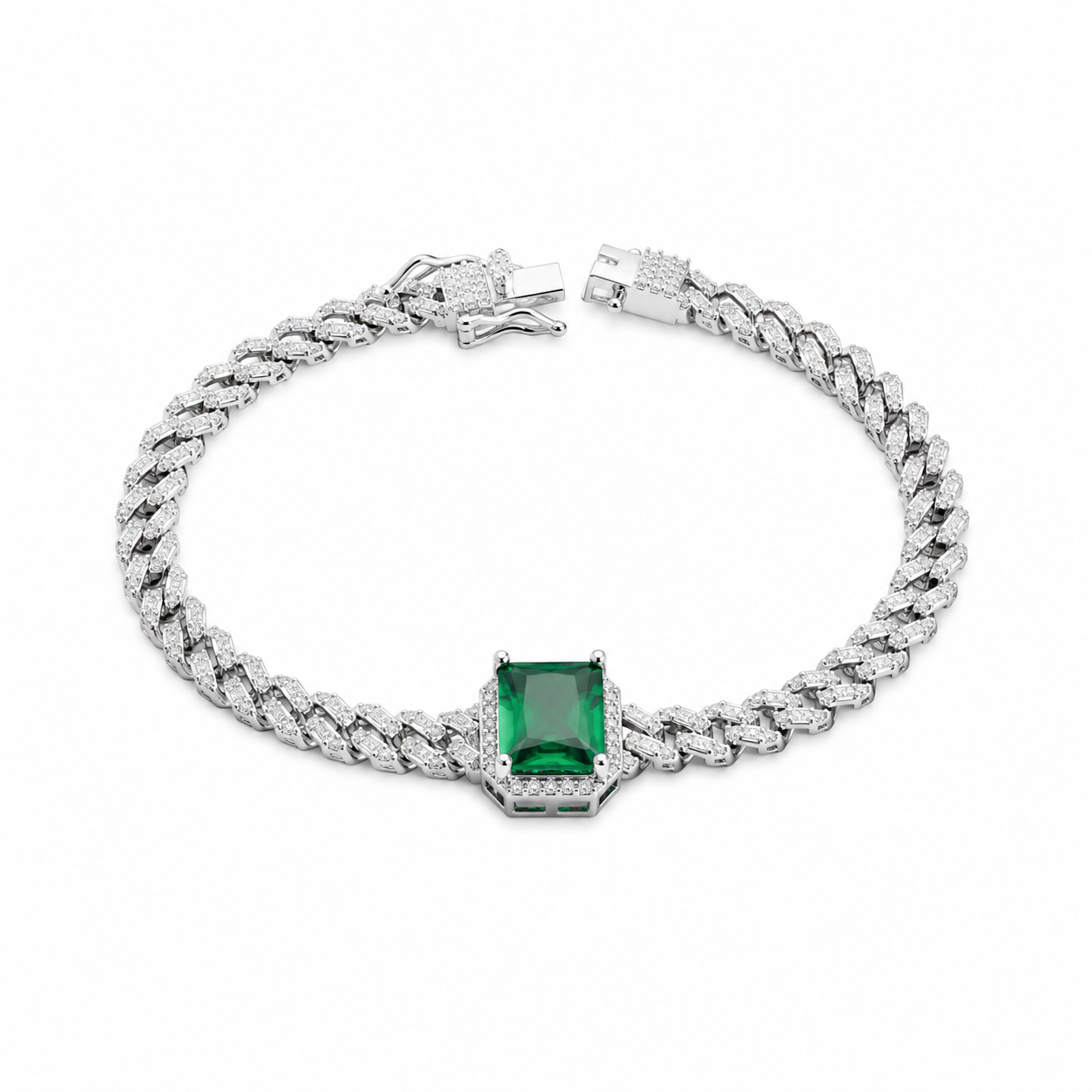 Silver Cuban link bracelet featuring a large emerald-cut green center stone with a clear crystal halo