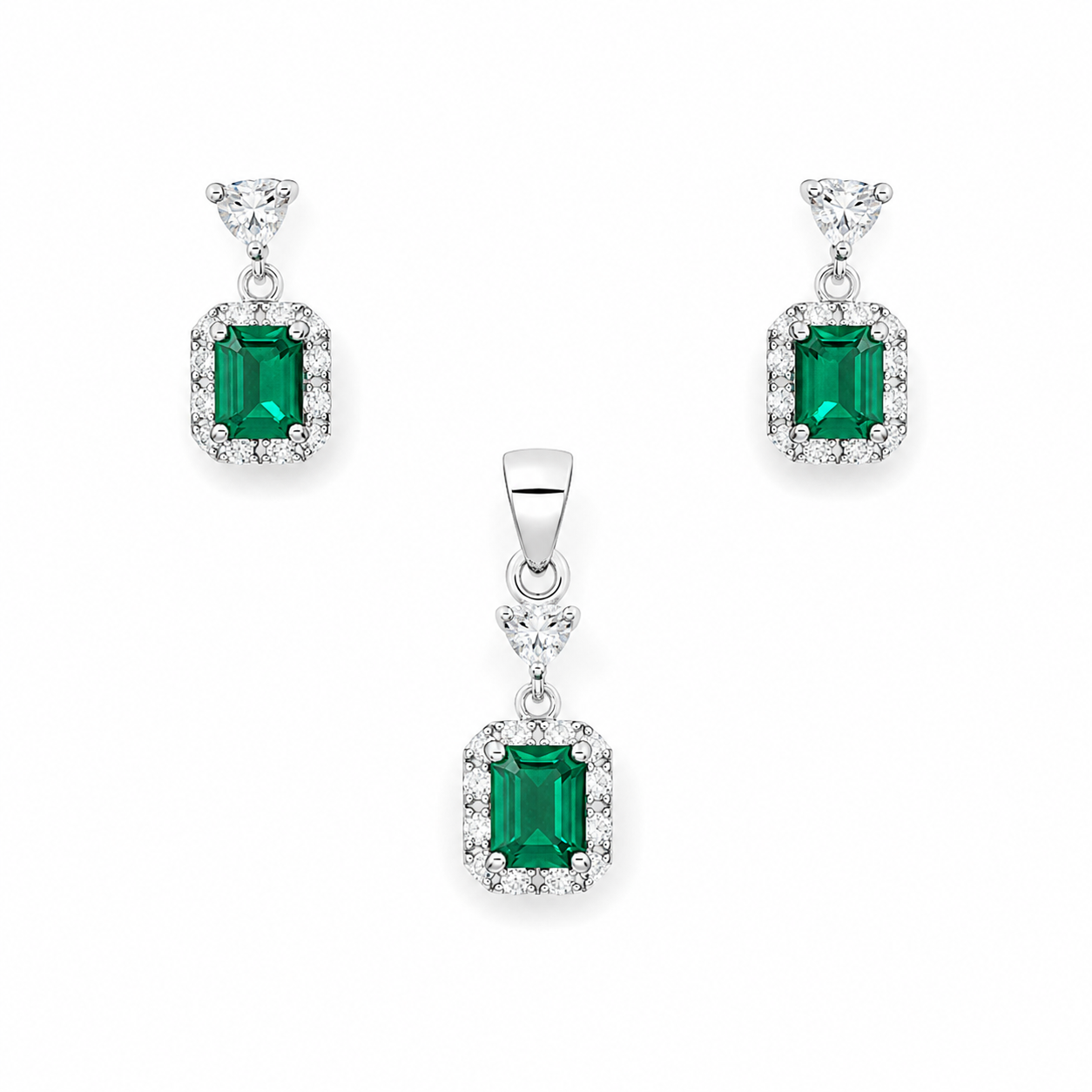 Emerald Cut Green Halo Silver Pendant and Earring Set on a white background