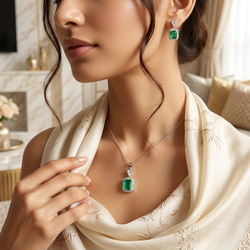 Emerald Cut Green Halo Silver Pendant & Earring Set