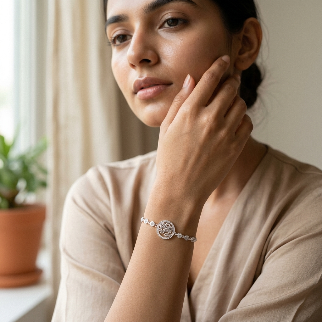 Close-up lifestyle shot of a woman gently touching her face, highlighting the Eternal Bloom Circle Silver Bracelet on her wrist