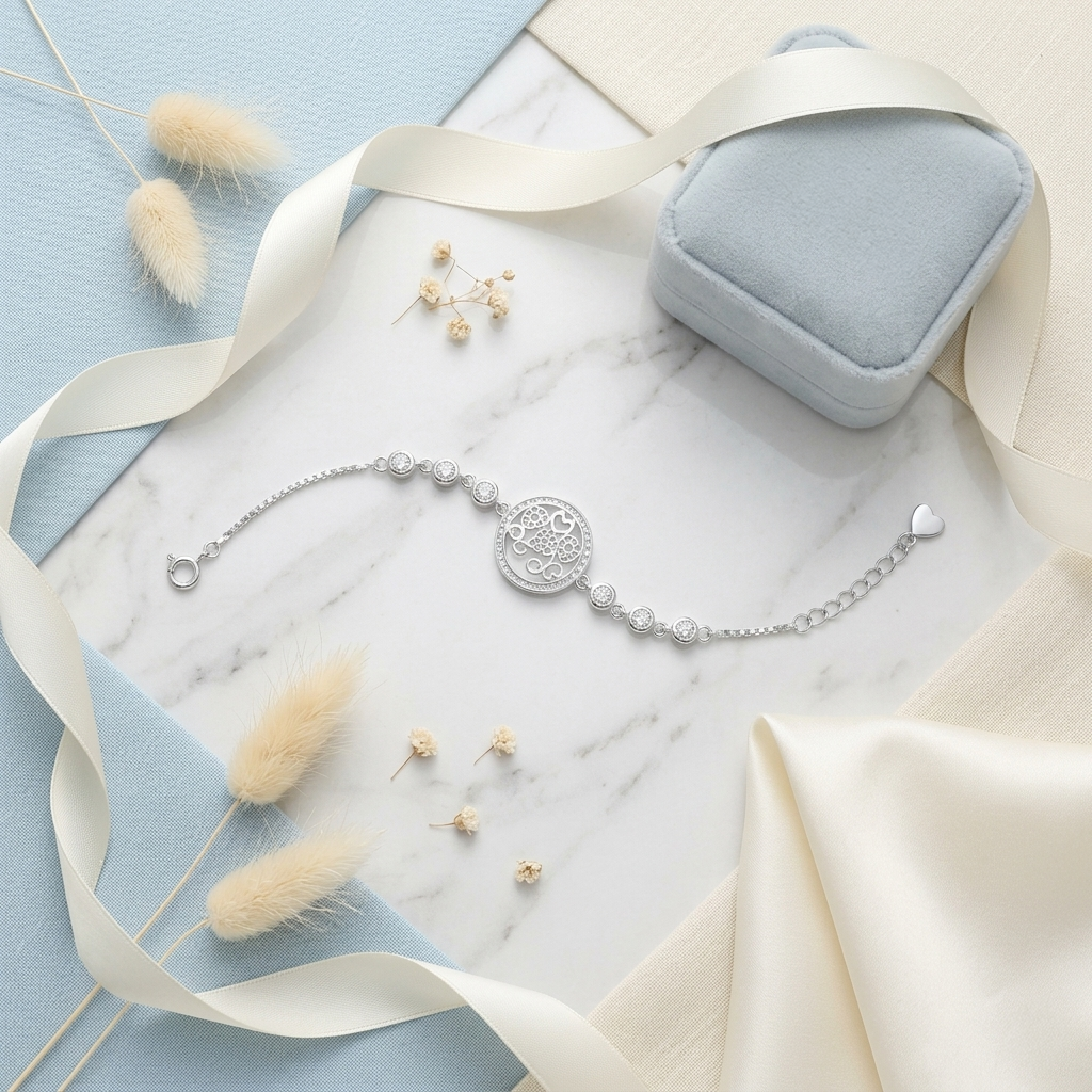 Eternal Bloom Circle Silver Bracelet beautifully styled on a marble surface with a pastel blue velvet jewelry box, white ribbon, and dried botanicals