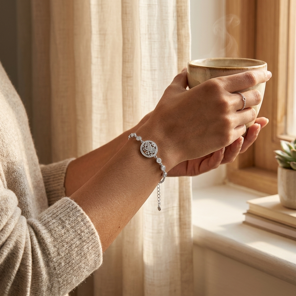 Woman holding a warm mug wearing the Eternal Bloom Circle Silver Bracelet showing the intricate floral filigree centerpiece