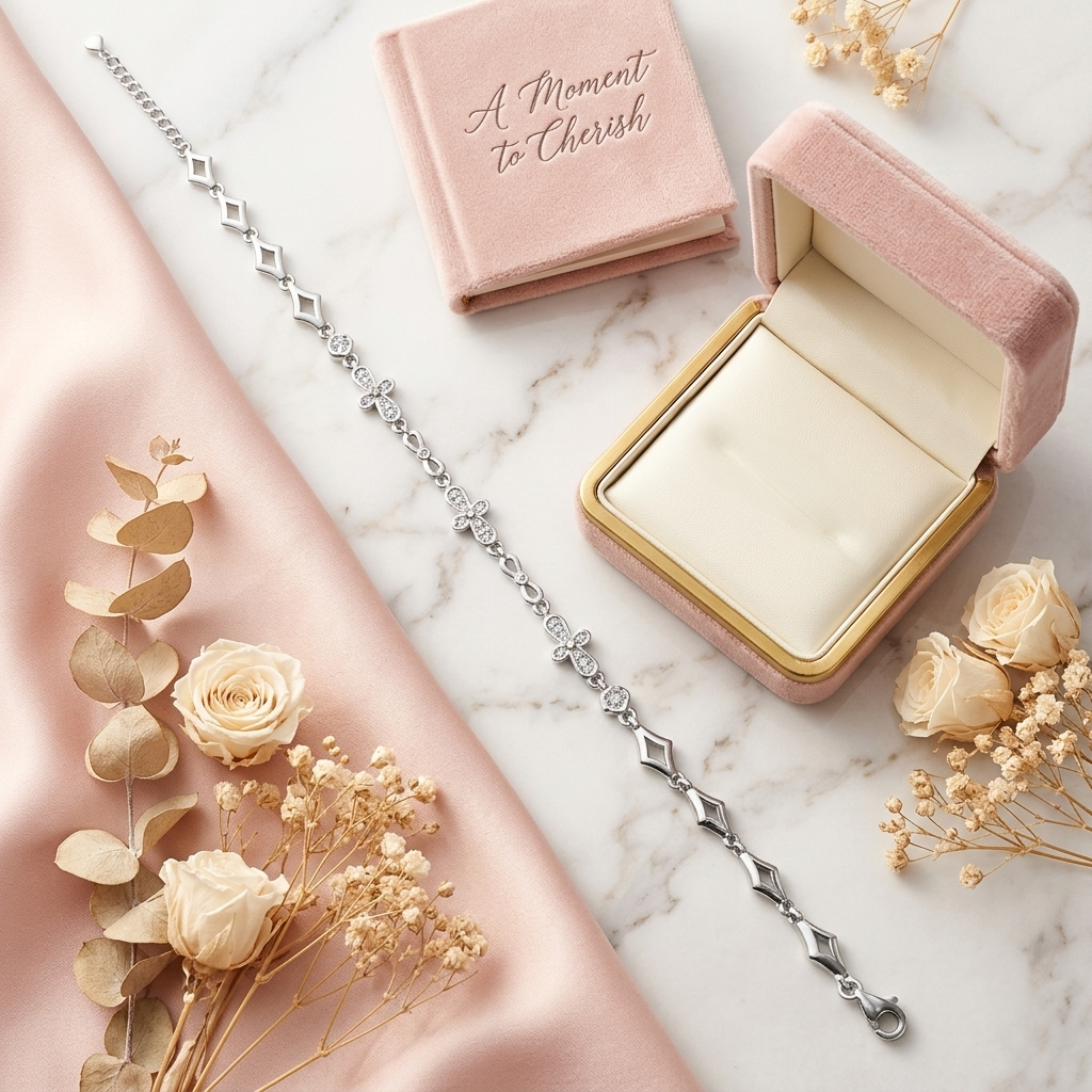 Floral Diamond Pattern Silver Bracelet laid elegantly on a marble surface next to a pink velvet ring box and dried white roses