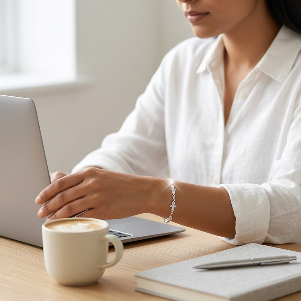 Woman in a white shirt working on a laptop while wearing the sparkling Floral Diamond Pattern Silver Bracelet 