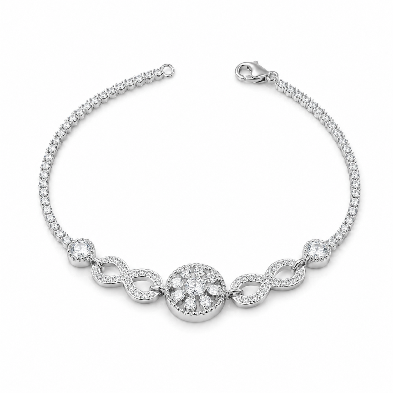 Overhead view of the Floral Halo and Infinity Link Sterling Silver Bracelet showing the center flower design and tennis chain