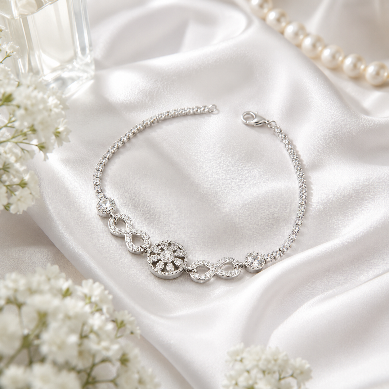 Top-down perspective highlighting the bright stones set in the floral halo centerpiece