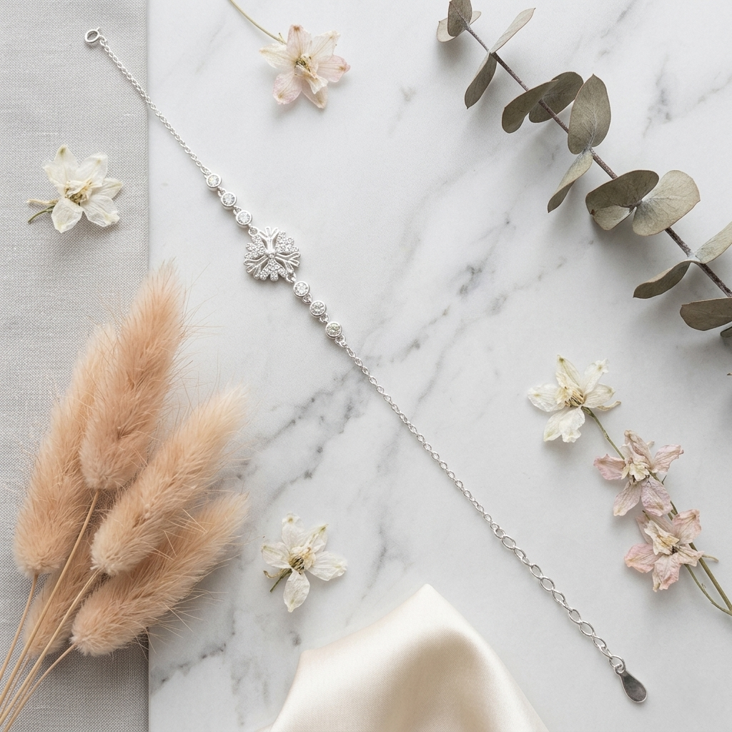 Flat lay of a delicate Floral Snowflake Silver Bracelet resting on white marble alongside dried grass and pale pink flowers.