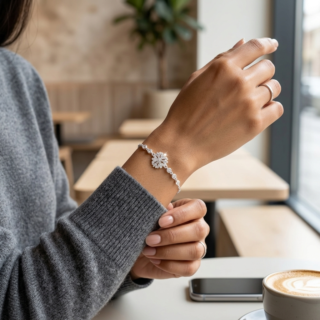 Woman wearing a grey sweater at a cafe, showing a Floral Snowflake Silver Bracelet with a snowflake centerpiece on her wrist.