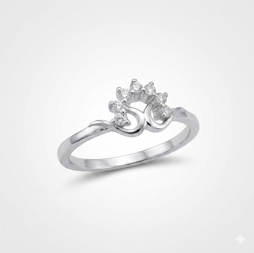 Studio macro shot of the Flower Diamond Silver Ring on a white background, highlighting the seven prong-set diamonds and swirling petal design.