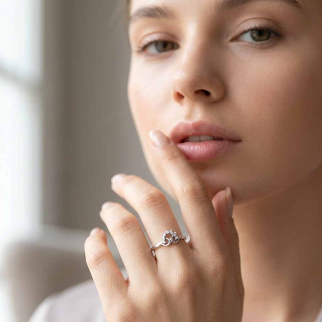 A close-up portrait of a woman resting her hand near her face, showcasing the delicate Flower Diamond Silver Ring on her finger.
