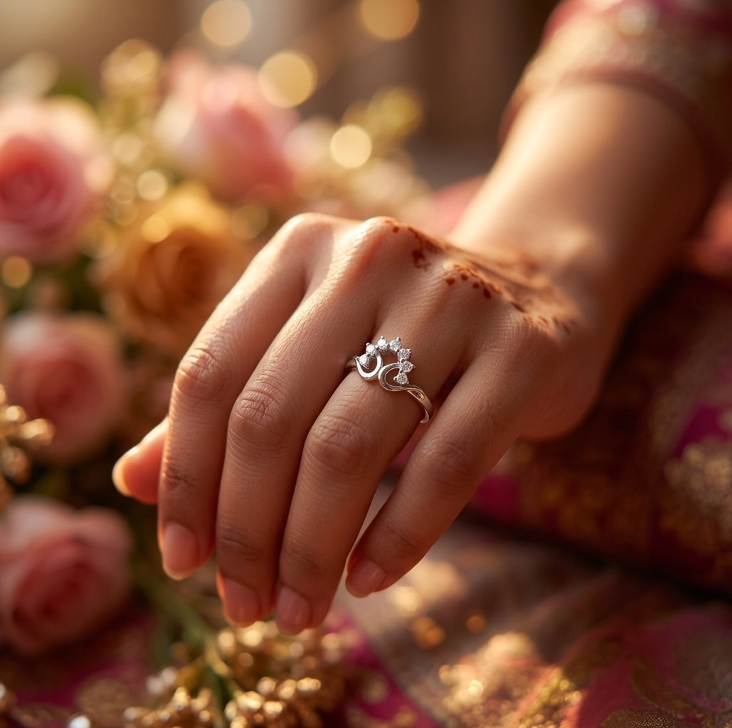 A woman's hand adorned with henna wearing the Flower Diamond Silver Ring, photographed against a warm, festive background of pink roses.