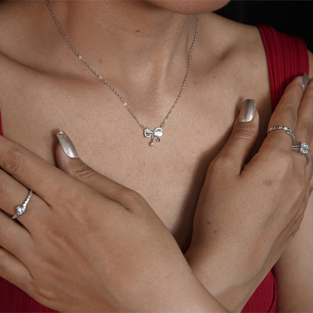 Silver Pearl Bow Pendant Necklace