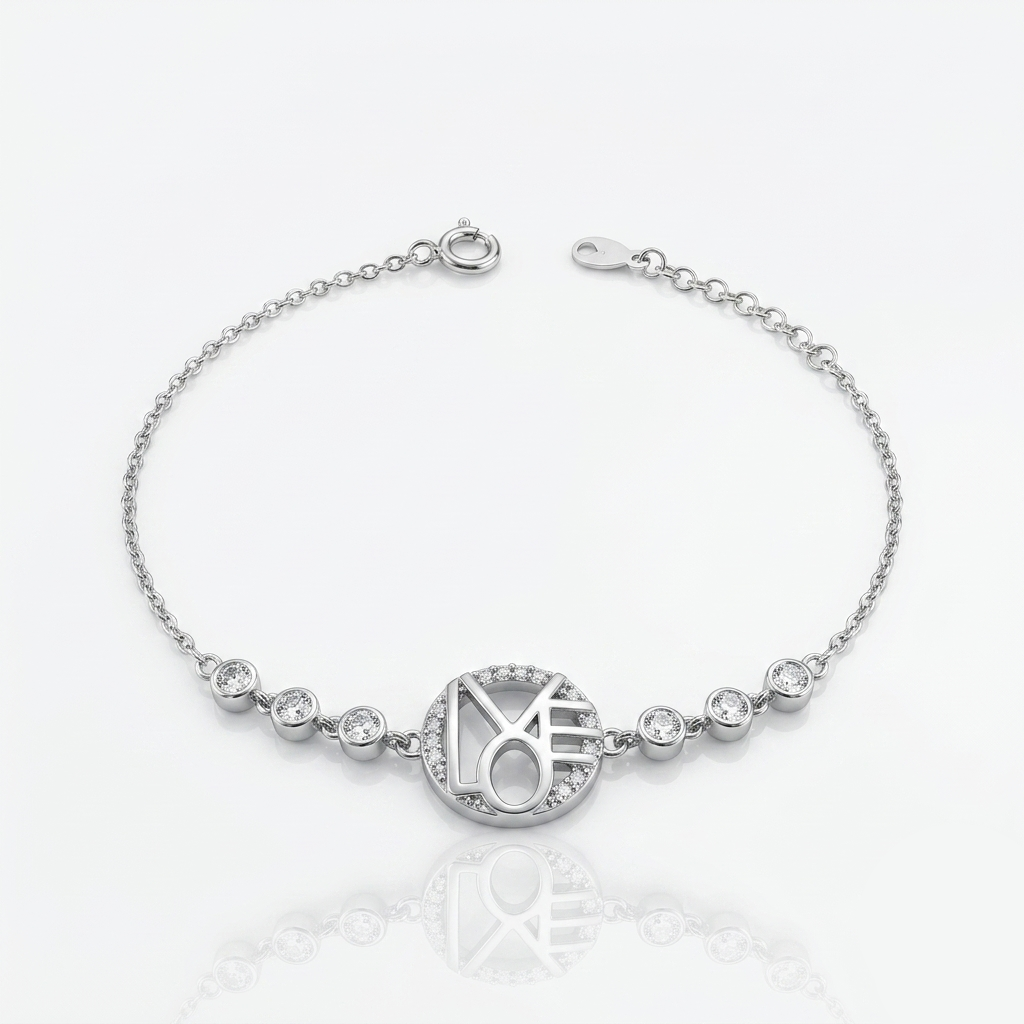 Sterling silver cable chain bracelet featuring a geometric cut-out center and bezel-set zircons