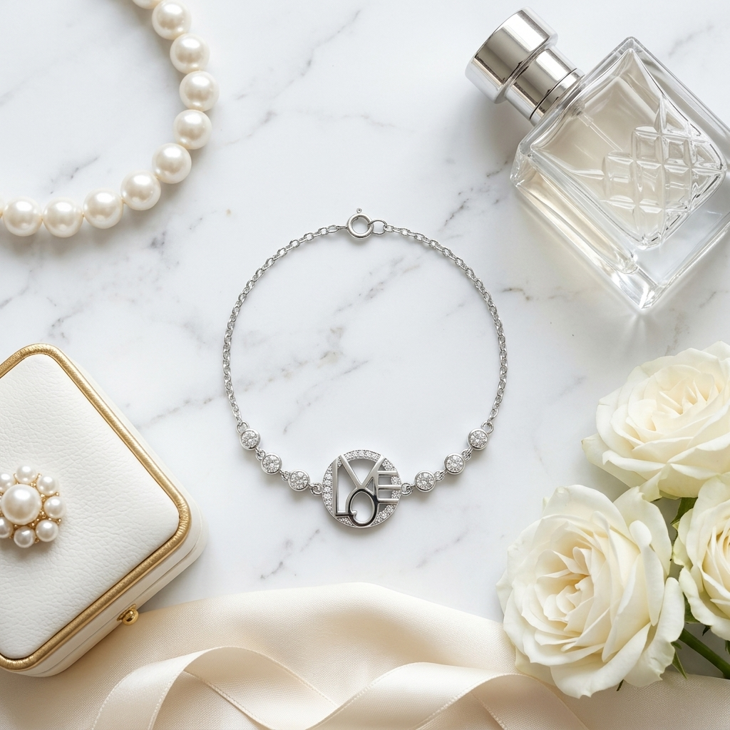 Close-up of the sparkling round zircon stones on the delicate silver wrist chain
