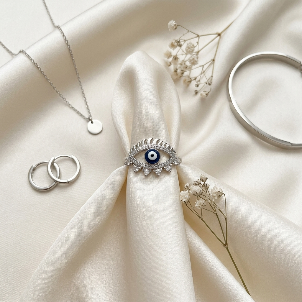Flat lay of the Good Luck Silver Ring tied in a silky white napkin, surrounded by minimalist silver jewelry and baby's breath flowers.