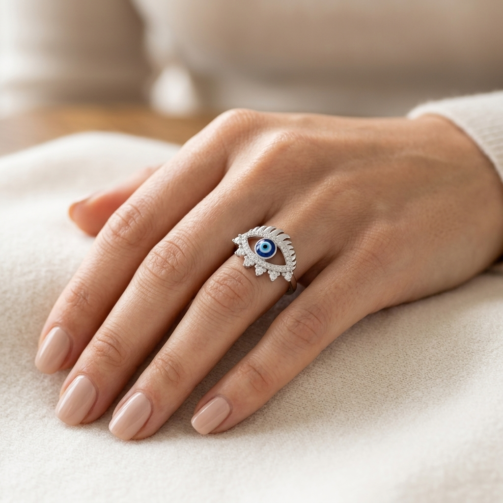 Woman's hand resting on a soft cream fabric wearing the Good Luck Silver Ring with an evil eye design.