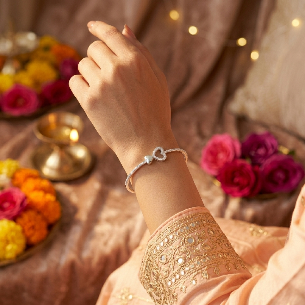 Woman's hand displaying the Heart Design Silver Bracelet against a festive background with lit diyas and fresh marigold and rose flowers. 