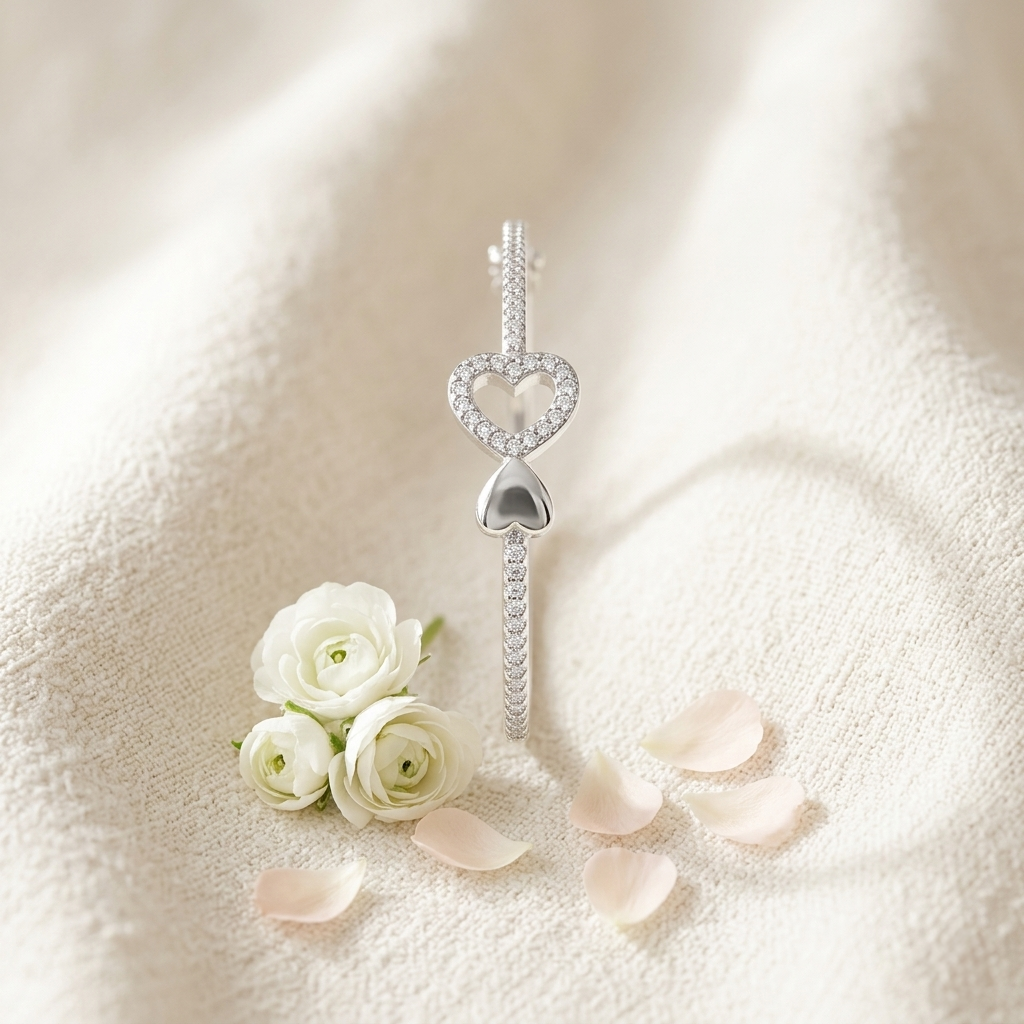 Upright view of the Heart Design Silver Bracelet styled on textured beige fabric with small white flowers and soft pink petals.