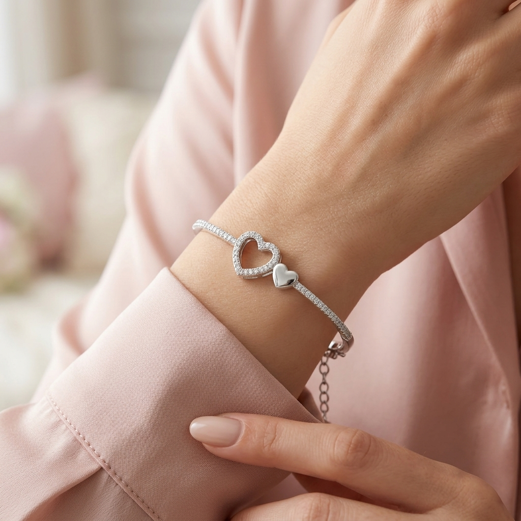 Woman wearing a Heart Design Silver Bracelet with an interlocking open pave heart and solid polished heart motif on her wrist.