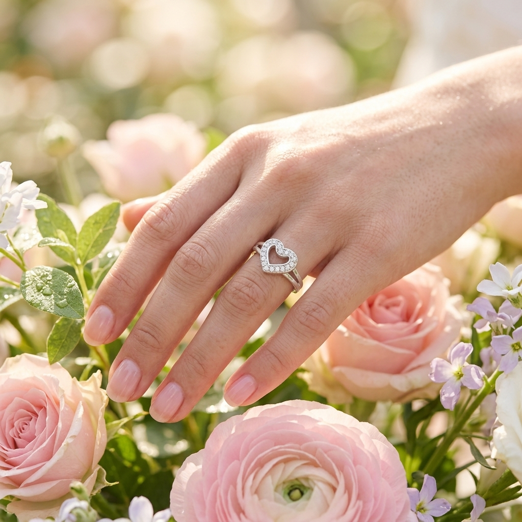Woman's hand gently touching pink roses in a garden, wearing a sparkling Heart Shape Silver Ring.