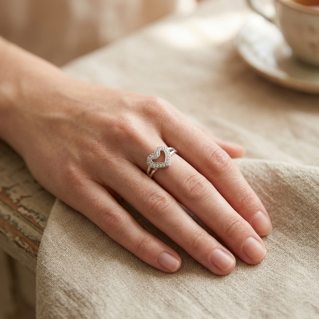 Woman's hand wearing a Heart Shape Silver Ring resting on a beige linen cloth next to a teacup.
