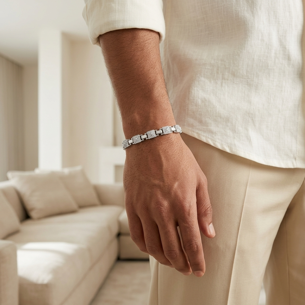 Heavy Silver Textured Bar Link Men's Bracelet