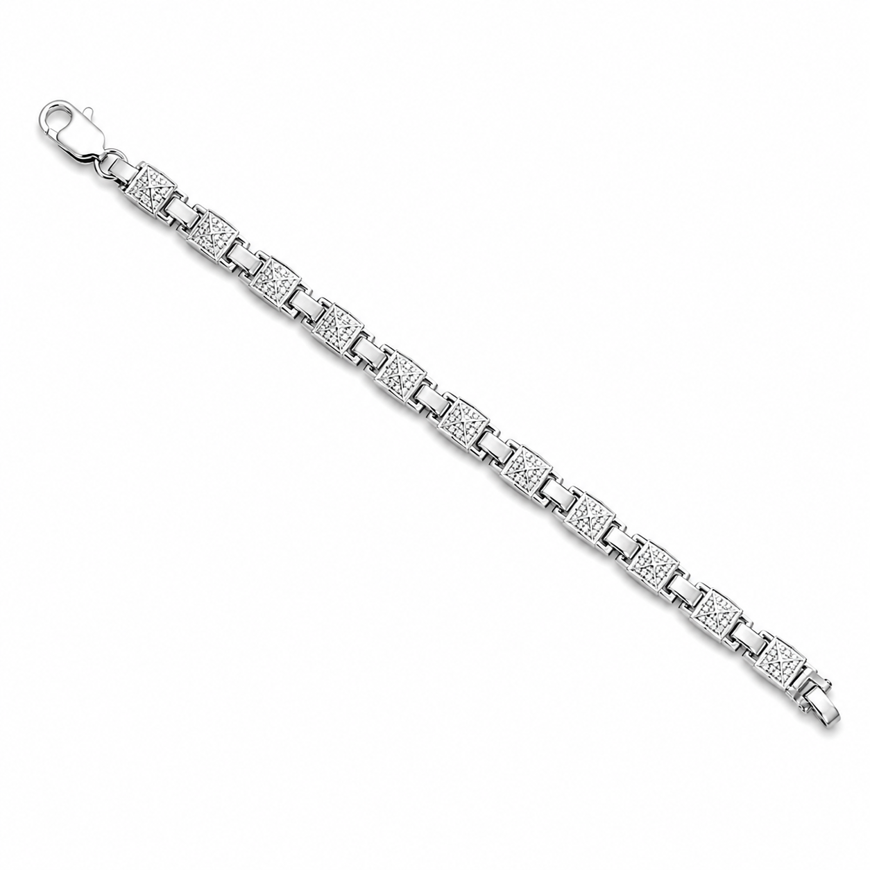 Close-up of Heavy Silver Textured Bar Link Men's Bracelet showing intricate etched details