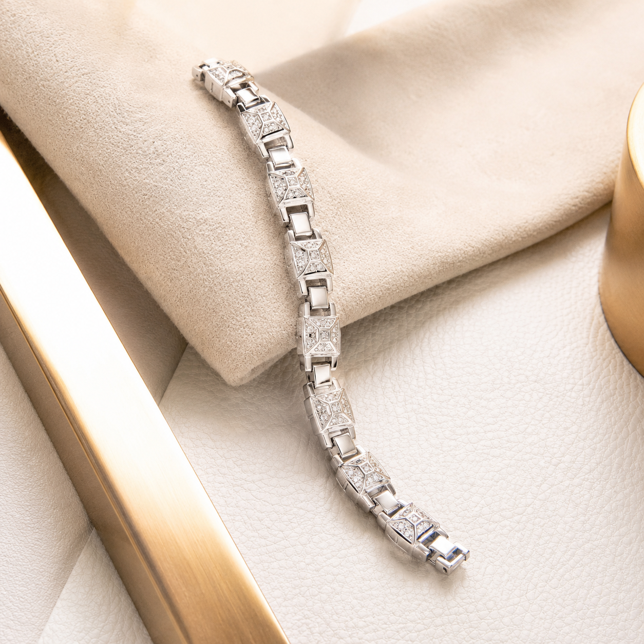 Detailed view of the smooth connecting hinges on the silver textured bar link bracelet