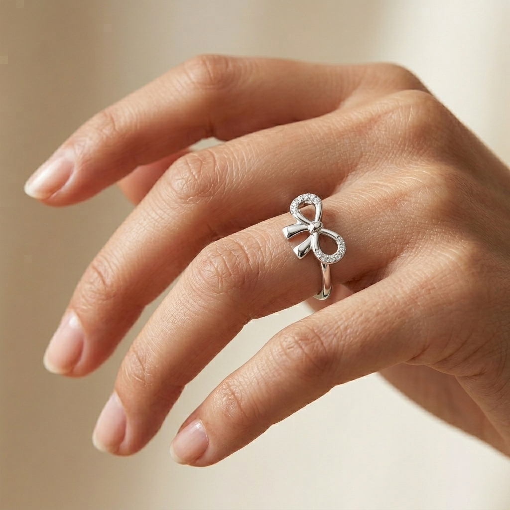 Close-up of a woman's hand wearing the Infinity Bow Silver Ring on her ring finger, highlighting the sparkling stones.