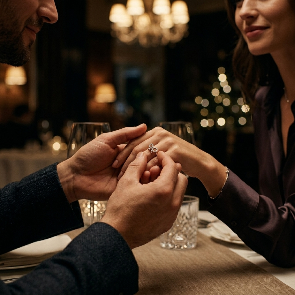 A man romantically placing the Infinity Bow Silver Ring onto a woman's hand during a candlelit dinner.